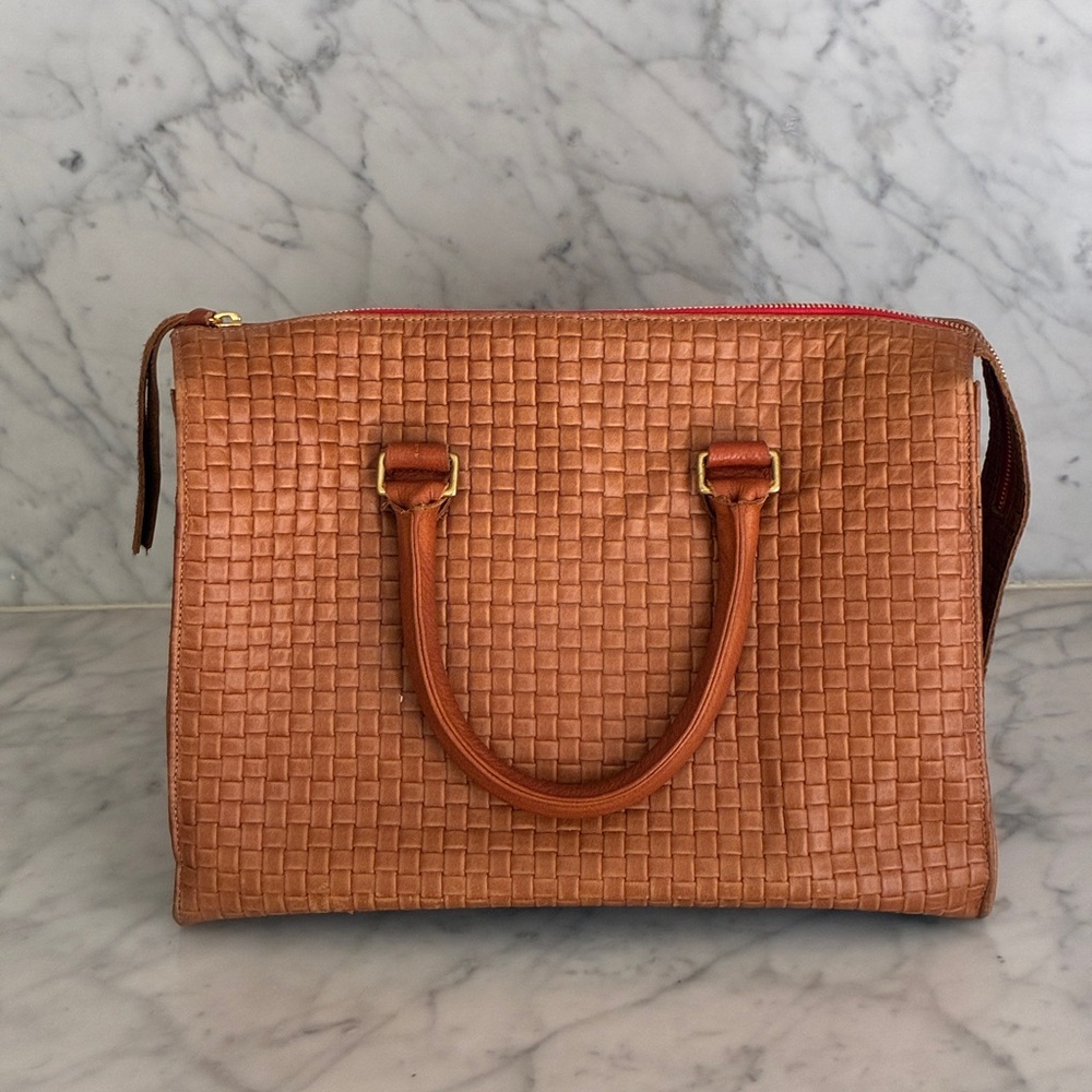 Authentic Clare V. Woven Leather Satchel Handbag in Cognac - Picture 2 of 14